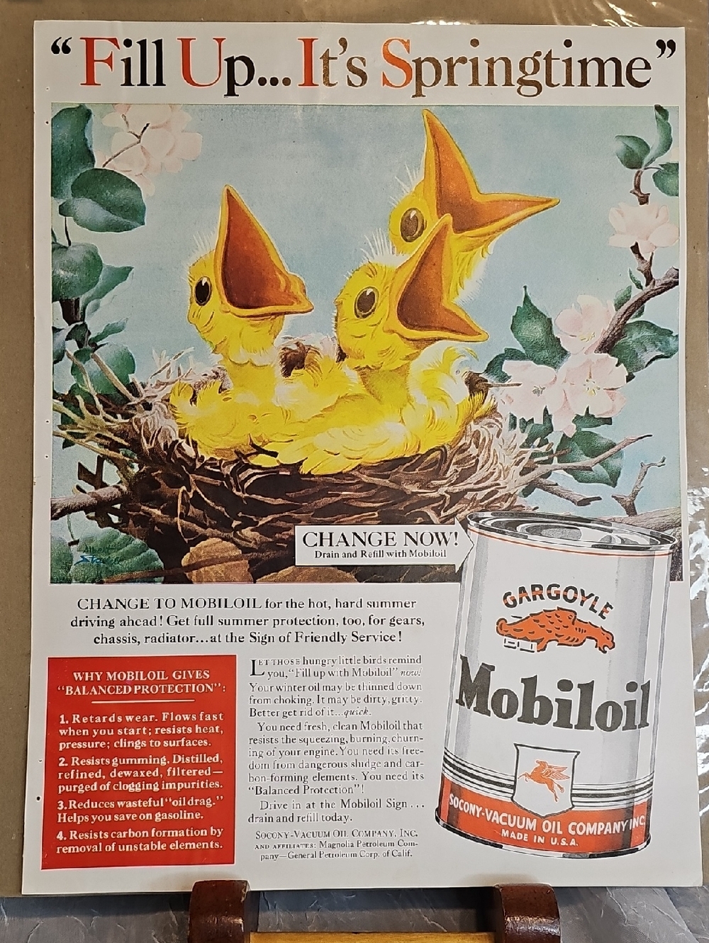 Vintage 1940 Mobileoil Advortisment featuring Springtime Yellow Baby Birds